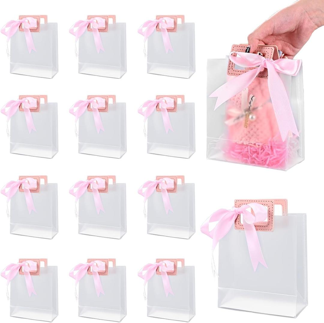 TSAZZZ 12 Pcs Clear Gift Bags With Handles Plastic Frosting PVC Goodie Bags With Pink Ribbon Small Gift Bag For Valentines Wedding Birthday Baby Shower Party Pink (6.3"*5.5"*2.8")