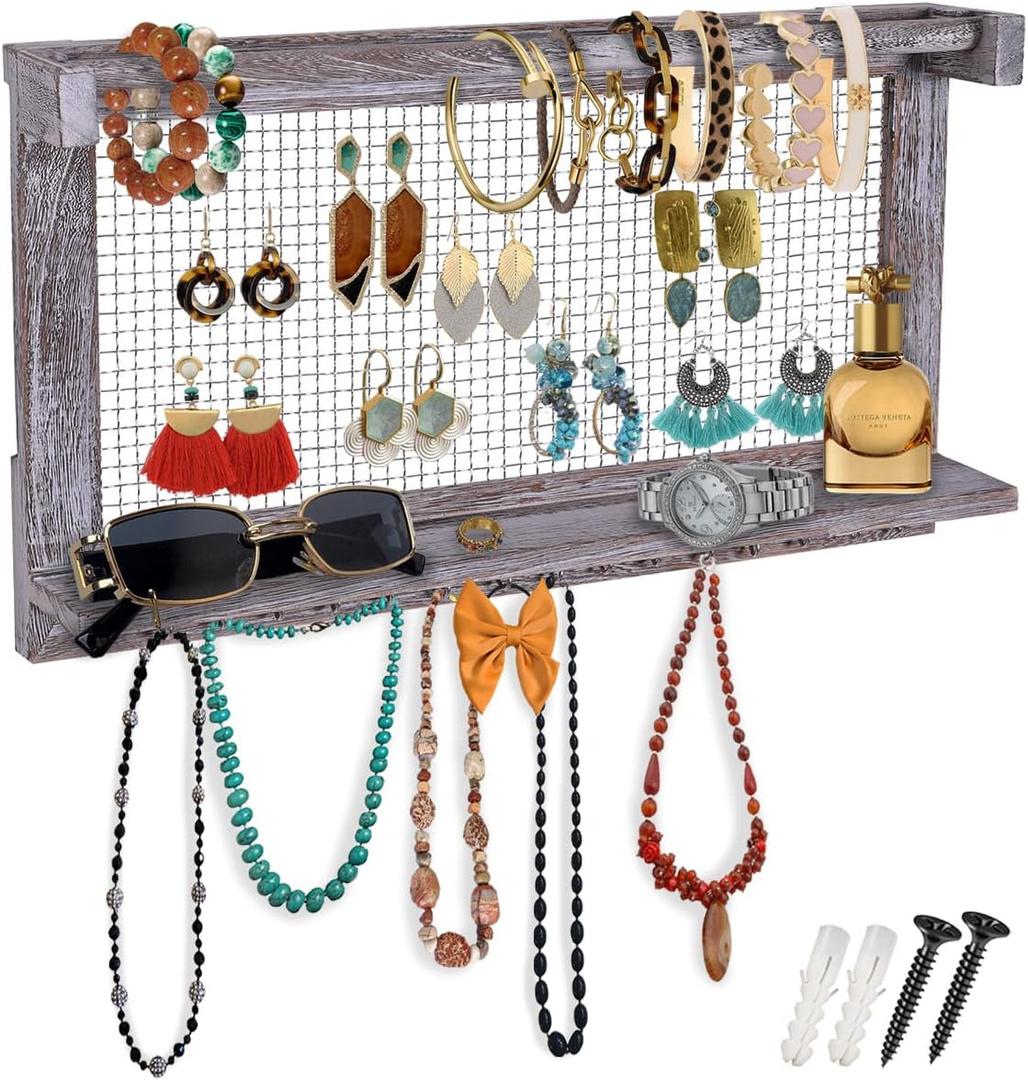 Comfify Rustic Jewelry Organizer  Wall Mounted Jewelry Holder w/Removable Bracelet Rod, Shelf & 16 Hooks  Perfect Earrings, Necklaces & Bracelets Holder  Rustic White