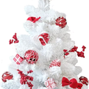 Mini Christmas Tree 2FT with Lights White Tabletop Christmas Tree with Flocking Snow Frost Tips Berries Wood Base with Burlap 55CM Small Xmas Pine Tree for Holiday Home Decoration