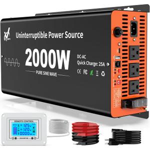 2000 Watt Sump Pump Battery Backup System, Pure Sine Wave Output, Professional Backup System in The Event of a Power Outage, Remote Controller with LCD Screen, Automatic Grid and Battery Switchover