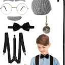 Fraiieon Kids 1920s Old Man Gentleman Costume Set  100th Day of School Accessories with Beret, Glasses, Eyebrows, Cane, Suspenders, and Watch