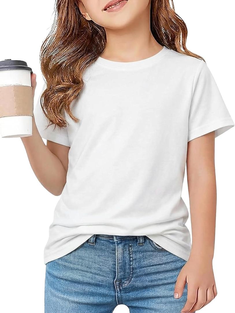 Girls Summer Short Sleeve T Shirts Casual Kids Tops Crewneck Tees Tween Girls Basic Clothes (12-13 Years, White)