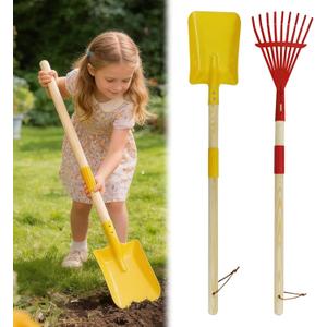 2 Pcs Kids Rake and Shovel Set,28" Toddler Size Metal Snow Shovel & Leaves Rake with Wooden Handle, Real Gardening Tools for Child Age 3 for Little Helpers in Winter Yard Fun