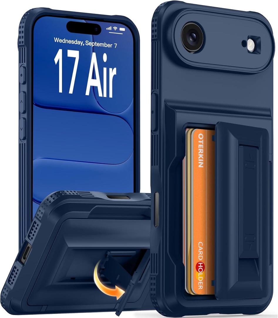 Oterkin for iPhone Air Wallet Case [4-5 Card Holder] [RFID Blocking] [Full Camera Protection] [Kickstand] [Military Grade Protection] Shockproof Rugged Phone Case for iPhone 17 Air 6.5 inch, Blue