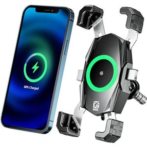 Kewig Motorcycle Fork Stem Phone Mount with Qi 15W Wireless Charger & USB C 20W Fast Charging Port, One-Push Automatically Lock & Quick Release Handlebar Phone Holder for 4.0-6.9" Phone