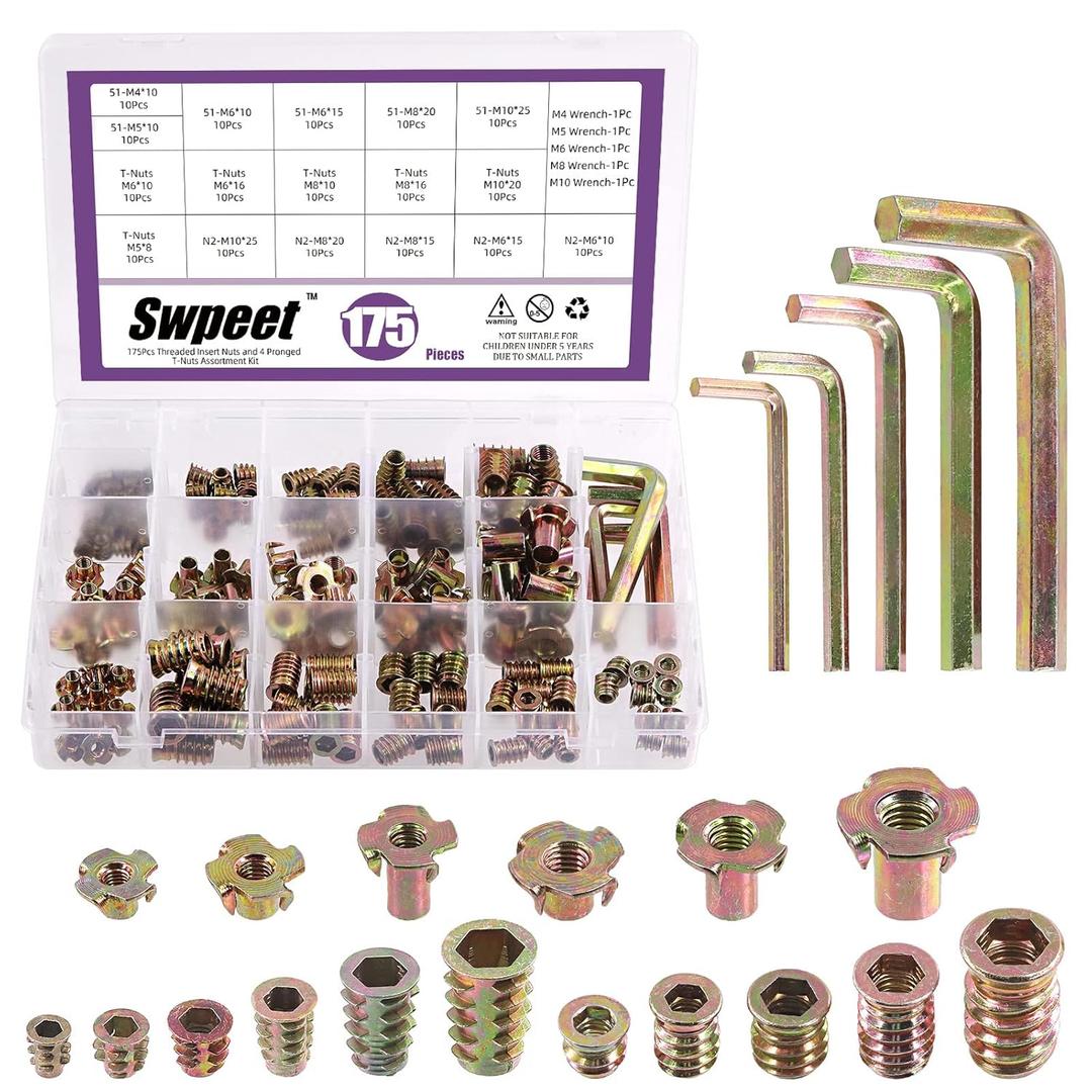 Swpeet 175Pcs M4 M5 M6 M8 M10 Metric Carbon Steel Color Zinc Plated Threaded Inserts Nuts and T-Nut 4 Pronged Tee Blind Nuts with Wrench Assortment Kit for Wood Furniture Bolt Fastener Screw Inserts