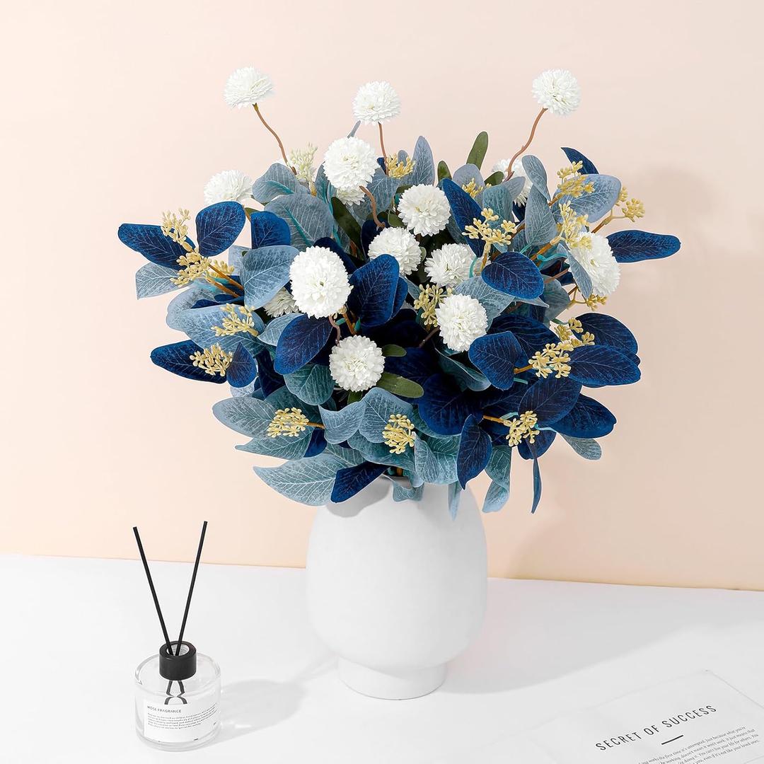 Dallisten Fake Flowers for Vase, 15 pcs Faux Silk Pompom Mum Artificial Flowers with Eucalyptus Stems, Mini Floral Long Stem Arrangements for Home Decor, Wedding, Table Centerpieces DIY Floral Designs