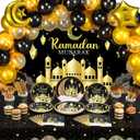 Redbaker 167 Pcs Eid Mubarak Party Decoration Ramadan Mubarak Backdrop Banner Tablecloth Eid Al-fitr Balloon 16 Set Tableware Plates Cups Napkins Cutlery for Home Muslim Ramadan Party Supplies(Black)