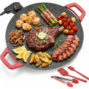 Electric Indoor Grill Nonstick, 14” Round Electric Griddle with Adjustable Temperature Control,for Pan Searing Steaks, Breakfast, BBQ & Family Meals, Bonus Spatula,Oil Brush & Food Tongs