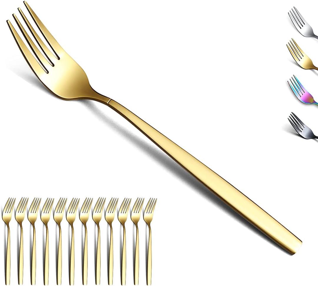 Berglander Gold Dinner Forks of 12, Stainless Steel Titanium Golden Plating Fork Set, Forks And Spoons Silverware, Spoons And Forks Set (c. 12 Pieces)
