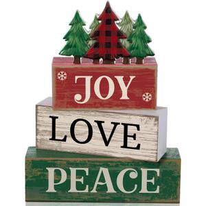 Lineshading 4 Pcs Christmas Table Decor Christmas Tree Centerpiece Joy Peace Love Sign Rustic Decorative Tree Block Signs Gift Winter Tiered Tray Decor Farmhouse for Home Xmas Party Kitchen Shelf