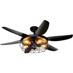 Ohniyou Ceiling Fans with Lights and Remote - 52 Inch Farmhouse Ceiling Fan with Caged Light Fixture - Black Industrial Outdoor Ceiling Fan Lights for Patio, Living Room, Kitchen & Bedroom, Black Caged