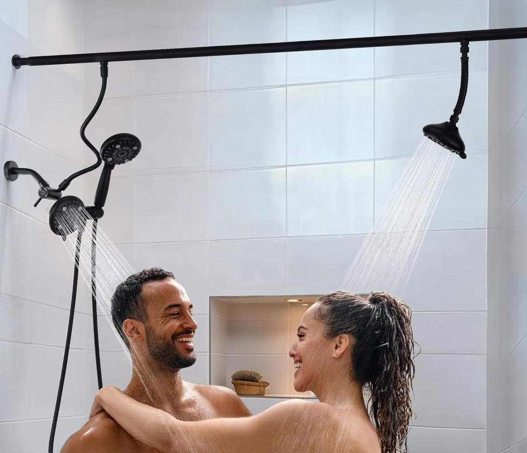 Dual Shower Head for Couples, High Pressure and Adjustable Multimodal Tandem Shower Head System for Two People Rod, 3-Setting Diverter with Holder, 71 Inch Extra Long Hose (Matte Black)