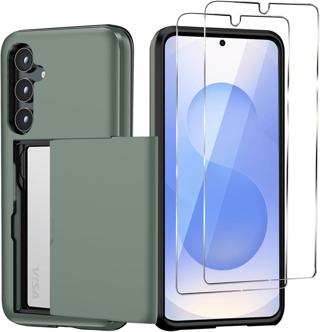 for Samsung Galaxy S25 Wallet Case with Card Holder, 2X Screen Protector Dual Layer Heavy Duty Protective Hidden Card Slot Slim Case for Galaxy S25 6.2" 2025 (Deep Green)
