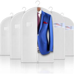 5 Pack 40-inch Suit Bag Garment Bag for Travel and Storage, Garment Bags for Hanging Clothes with Zipper and Visible Transparent Window, White
