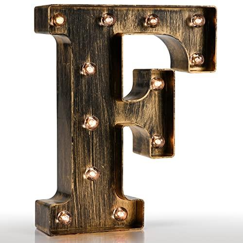Vintage Light Up Marquee Letters with Lights – Illuminated Industrial Style Lighted Alphabet Letter Signs - Coffee Bar Apartment Bedroom Wall Home Initials Decor - F