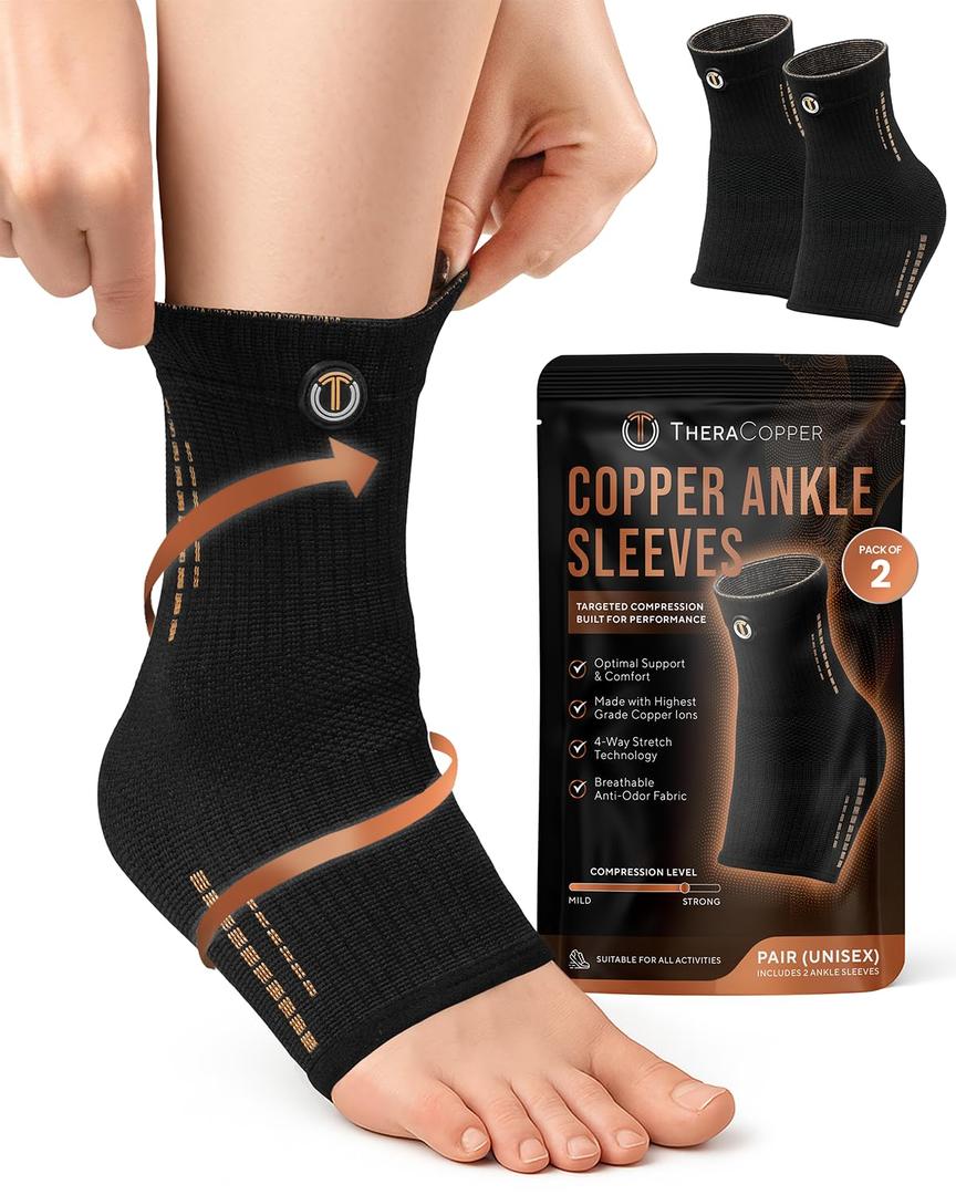 TheraCopper Copper Ankle Brace (2 Pack)  Compression Ankles Brace for Men & Women  Infused Copper Ankle Sleeve Compression Support for Pain Relief, Swelling, Sprains, Achilles Recovery & Sports (Medium)