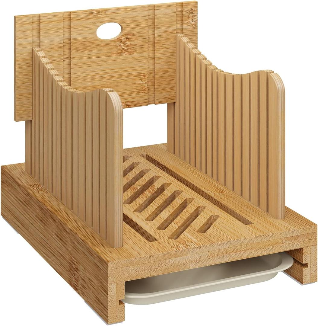 Bamboo Bread Slicer - Adjustable Width Guides. Sturdy Wooden Cutting Board. Easy Slicing for Homemade Bread, Bagels & More