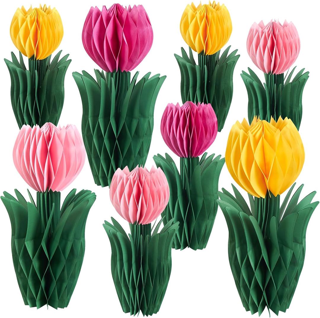 Easy Joy 8PCS Flower Party Decorations Tulips Honeycomb Centerpieces 3D Tulips Centerpieces for Tables Pink White Table Toppers Birthday Boho Wedding Party Decorations Girl Baby Shower (Tulips-02)