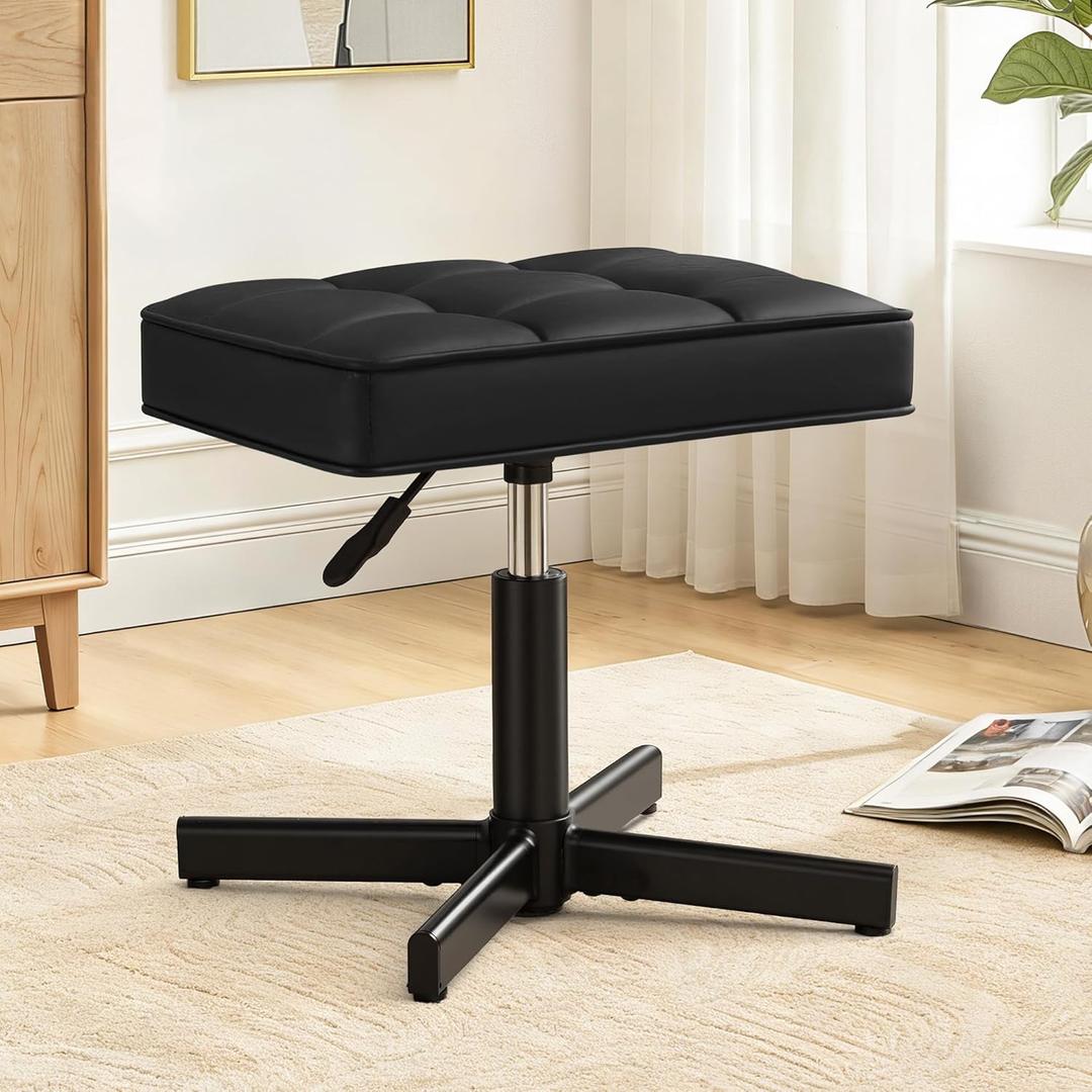 LUE BONA Adjustable Vanity Stool, Foot Rest Under Desk, 360 Swivel Vanity Chair for Makeup Room, Black Upholstered Faux Leather Ottoman for Bathroom & Living Room, 300lbs