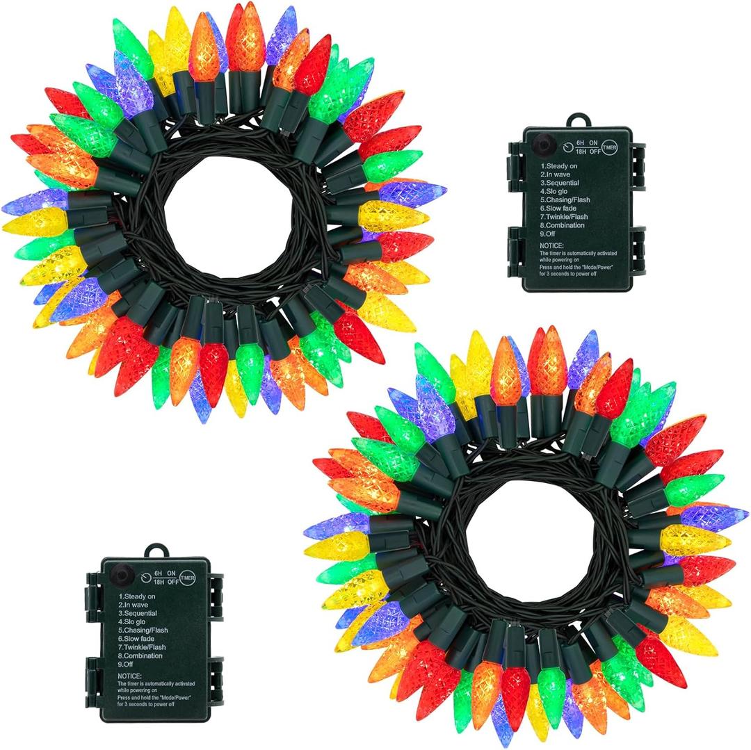 DBFAIRY 2Pack C6 String Lights Battery Operated, Multicolor 16.4ft 50 LED Wreath Lights with Timer 8 Light Modes IP65 Outdoor Christmas Lights for Xmas Tree Wedding Party Decor