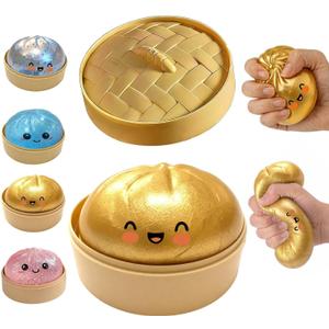 Dumpling Squishy, New Mystery Glitter Dumpling Squishies with Steamer, Sensory Squeeze Toy for Stress Relief, Soft Decompression Dough for Adults Office and Home Use (Gold)
