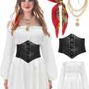 Women Pirate Costume Dress with Corset Accessories Long Sleeve Romper Short Off Shoulder Dress S