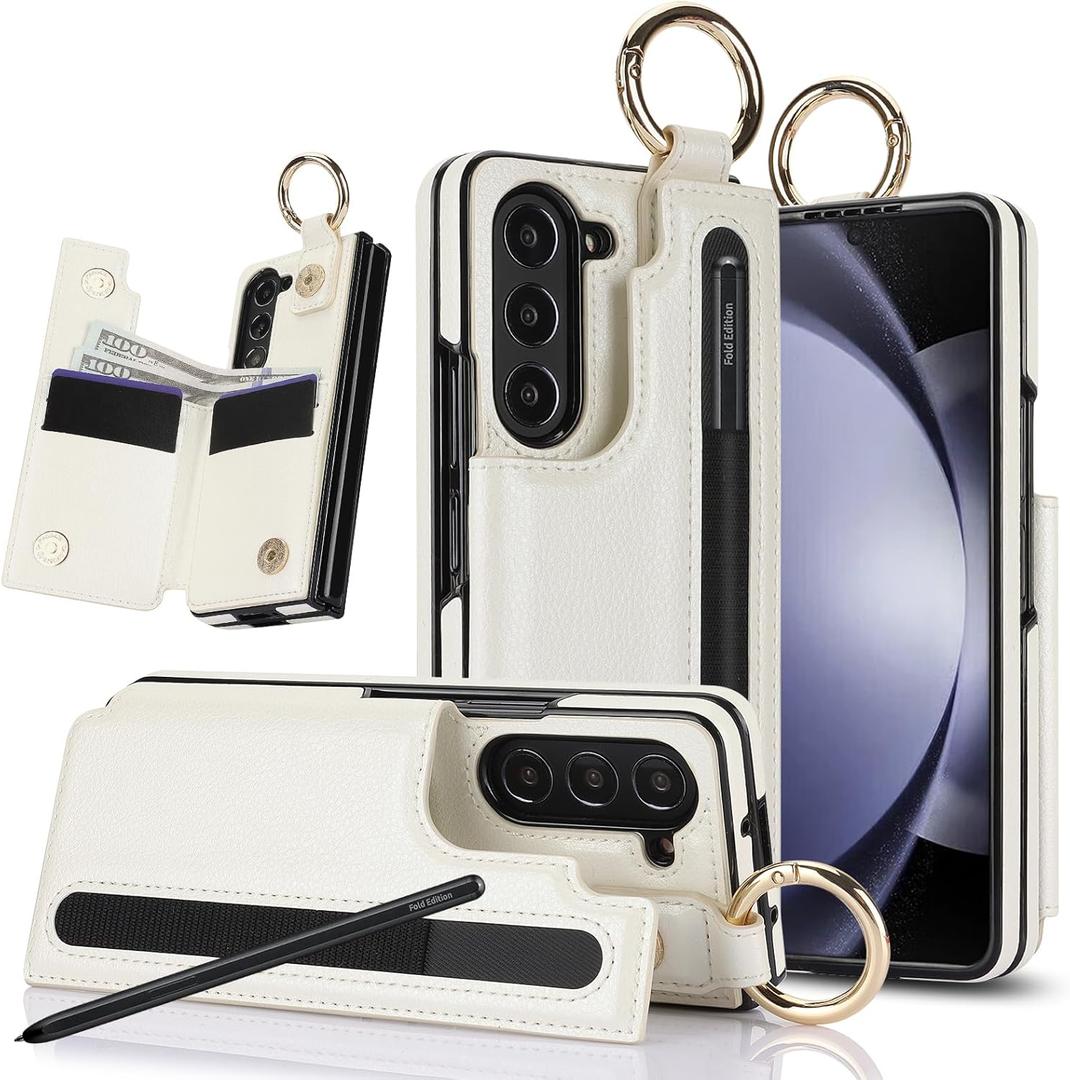 Asuwish Phone Case for Samsung Galaxy Z Fold 6 5G 2024 Wallet Cover with S Pen SPen Slot Credit Card Holder Stand Slim Rugged Mobile Ring Flip Cell Accessories ZFold6 Z6 G Fold6 6Z Women Men Off White