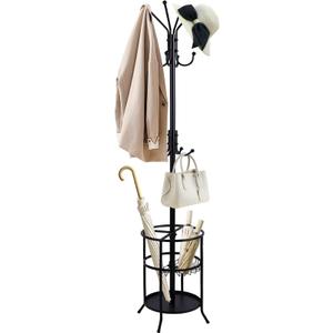 Anlanbor Metal Freestanding Coat Rack Stand with Umbrella Holder,Coat Tree with 12 Hooks, Black Modern Coat Hanger Stand,Purse Hats Scarves Rack Stand for Living Room, Bedroom, Office