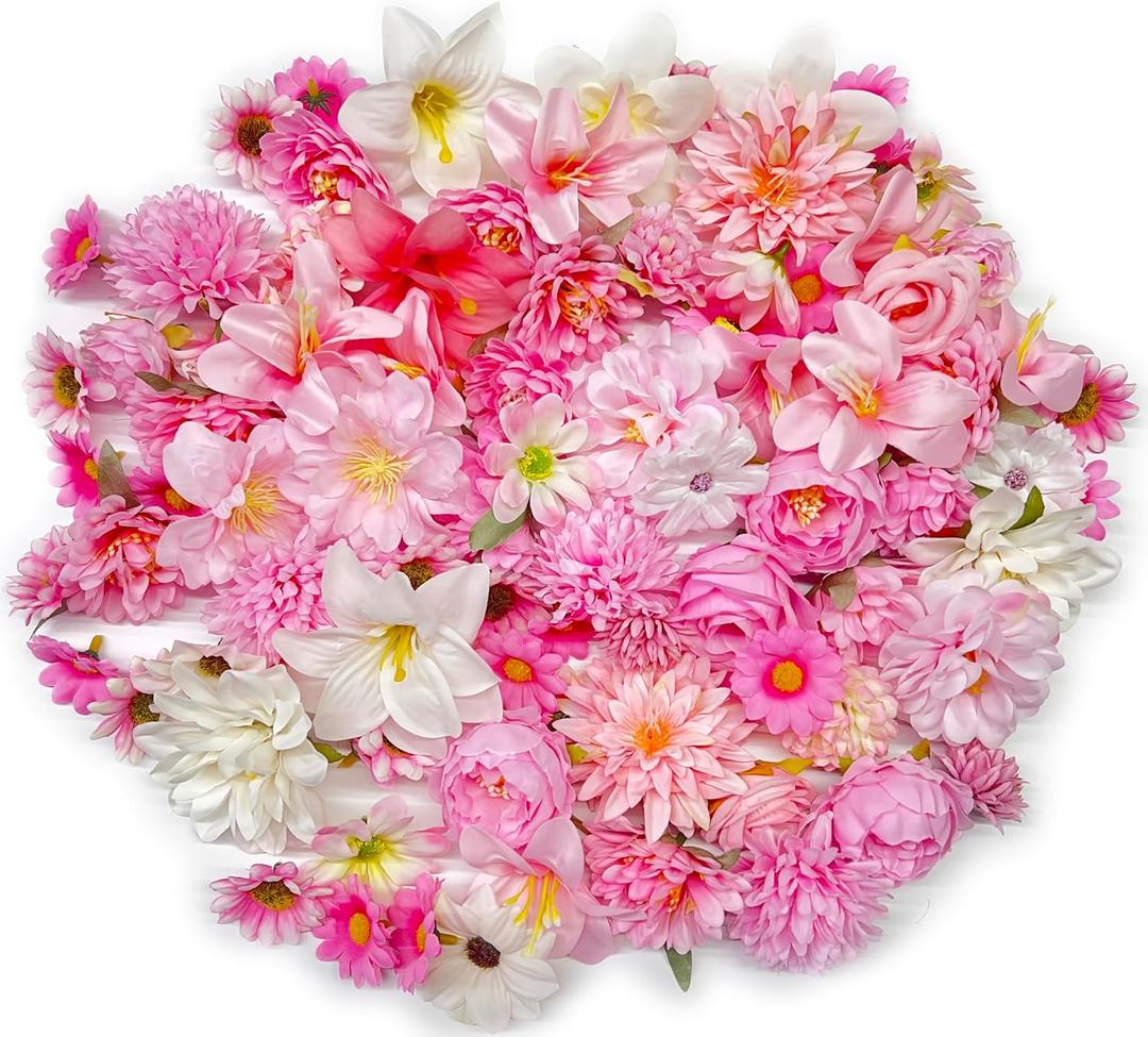 Artificial Flowers Heads for Crafts Pink White Fake Flowers Bulk Silk Roses - DIY Home Spring Garden Floral Party Wildflower Garland Hanging Decoration Small Silk Faux Flowers Heads 3-8cm (Pink White)