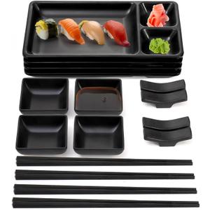 16 Piece Japanese Sushi Plate Set, Melamine Sushi Serving Set, Sushi Dinnerware Set - Includes 4 Sushi Serving Plates, 4 Sauce Dishes, 4 Pairs of Chopsticks, 4 Chopstick Holders (Black)