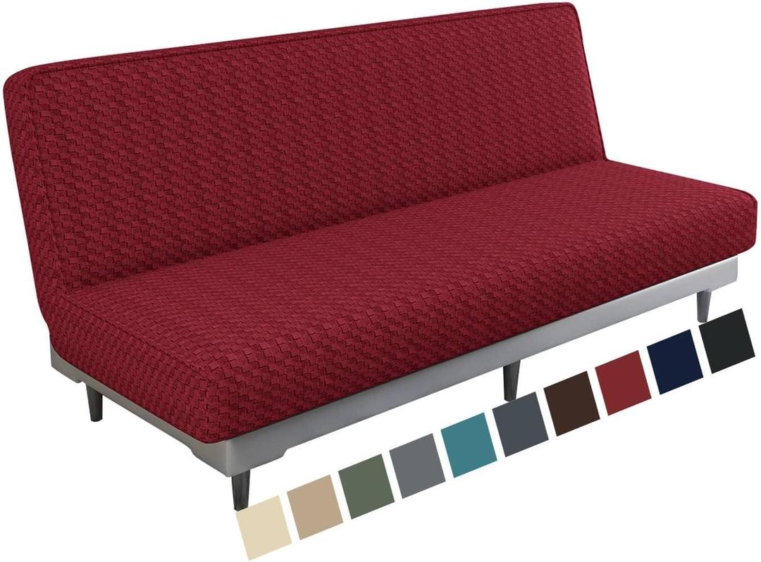 MAXIJIN Jacquard Futon Cover Stretch Armless Futon Sofa Cover Soft Futon Slipcover with Elastic Bottom Thick Sofa Bed Furniture Protector Covers, Machine Washable (Wine Red)