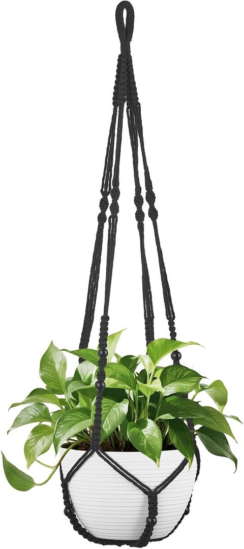 Plant Hanger Indoor Hanging Planter Basket with Wood Beads Decorative Flower Pot Holder No Tassels for Indoor Outdoor Boho Home Decor 40 Inch, Black