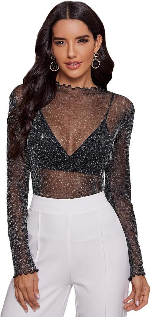 Floerns Women's Long Sleeve Slim Fit See Through Sheer Mesh Top Black Sparkle XS