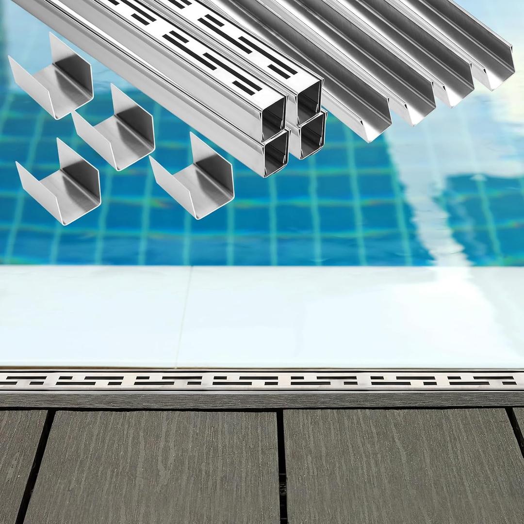 4 Pack Pool Deck Drain 1.25-inch W x 4-feet L, Outdoor Deck Drainage System 304 Stainless Steel with Coupling, Channel Drain for Integrated Grate/Concrete/Paver/Patios/Walkways (Silver)
