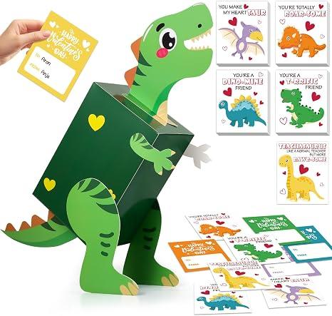 6 x Dinosaur Valentines Day Box and Cards for Kids School, Valentines Day Gifts for Kids with Valentine Dino Card for Classroom Exchange, Party Favor (1 Dinosaur Box, 32 Valentine Cards, 1 Teacher Card)