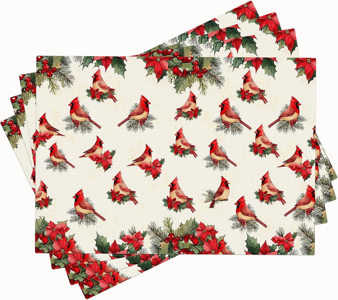 Red Cardinal Bird Placemats Set of 4 Christmas Poinsettia Place Mats Table Mats for Kitchen Dining Restaurant Decoration for Table Decor Home Party 4 PCS 12x18 Inch