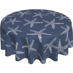 Nautical Coastal Tablecloth 70 Inch Round Navy Blue Starfish Table Cloth Summer Beach Ocean Decorations Stain Resistance Polyester Round Table Cover for Parties Picnic Kitchen Decor Outdoor