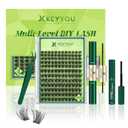 KEYYOU Lash Extension Kit 3D Effect Volume Lash Clusters Kit 120pcs D Curl Waterproof Kit DIY Eyelash Extension Kit with Bond and Seal Lash Glue Remover Lash Applicators (Kit-PuffSilk V3D03-8-16MIX)