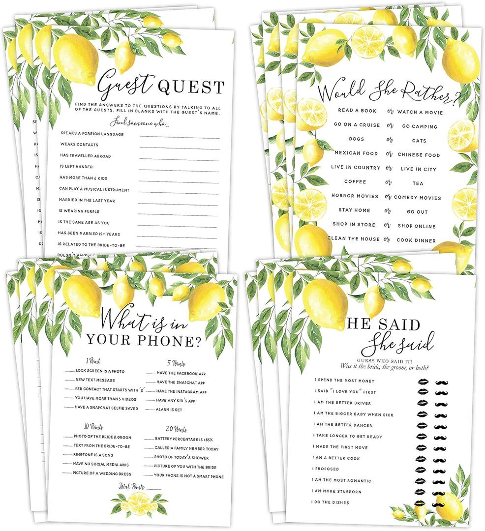 Your Main Event Prints Lemon Bridal Shower Bachelorette Games - Floral He Said She Said, Find The Guest, Would She Rather, What's in Your Phone - 25 Games Each, 1 Game Per Side