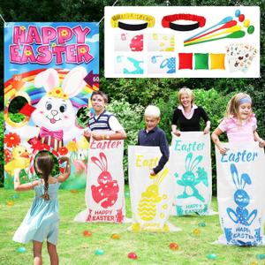 23 Packs Easter Outdoor Party Games for Kids Potato Sack Race Jumping Bags with Legged Race Bands, Egg and Spoon RaceToss Game and Stickers, Outdoor Games for Easter Eggs Hunt,Easter Party Supplies