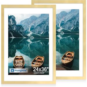 Hongkee 24x36 Frame Set of 2, Gold Wood Style - Display Posters 20 x 30 with Mat or 24x30 without Mat, Wall Mounting Horizontal and Vertical