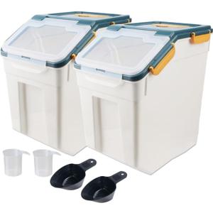 2 Pack Rice Storage Container with Measuring Cup 50 lb Flour Storage Container with Wheels, BPA Free Food Storage Container Dog Cat Food Bin Set for Dry Food Sugar, Cereal(Blue)