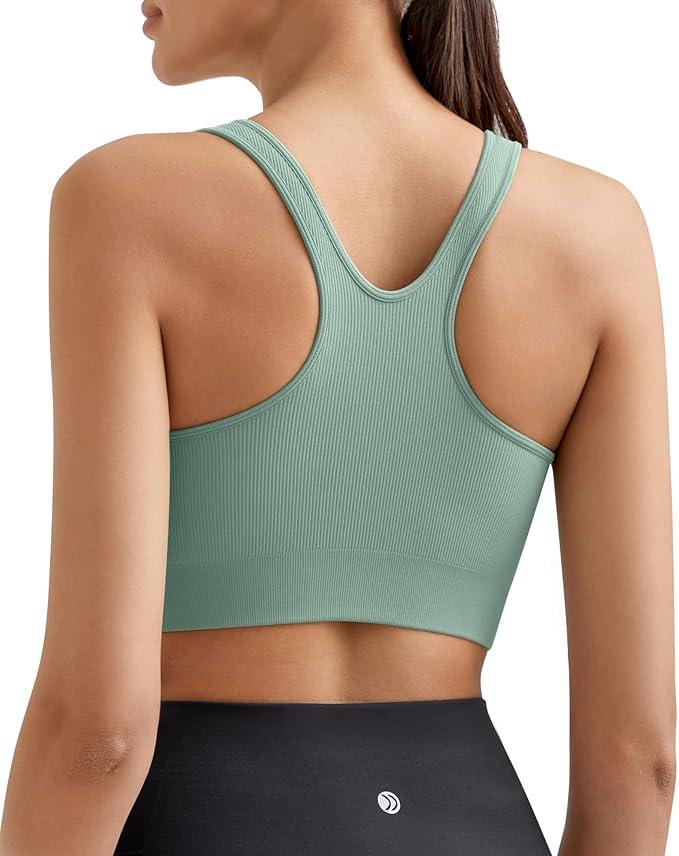 Promover Longline Sports Bra Womens Racerback Ribbed U Neck Padded Sports Bras Seamless Medium Iimpact Supportive(Lake Blue,L)