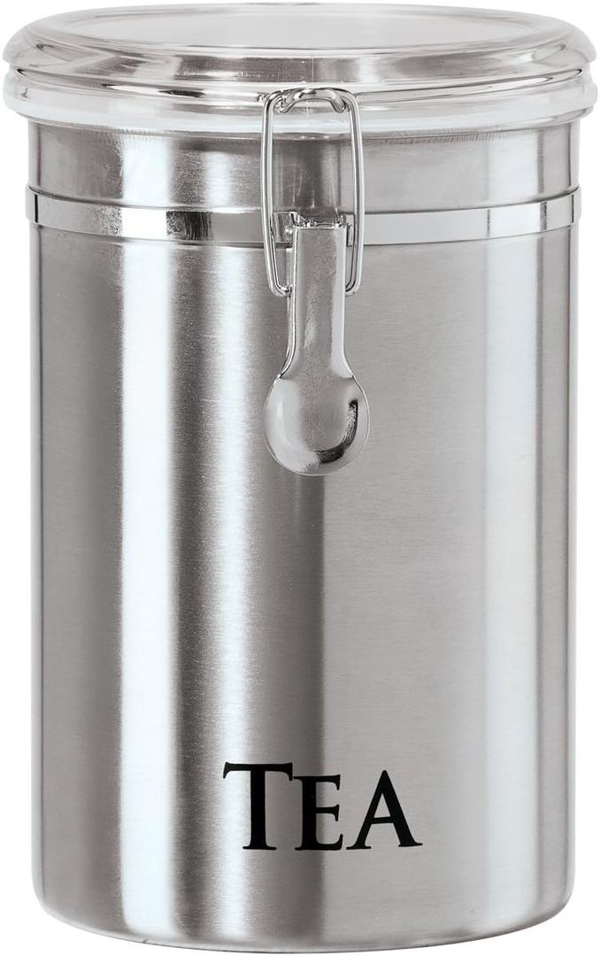 Oggi Stainless Steel Tea Canister 62 fl oz - Airtight Clamp Lid, Clear See-Thru Top - Ideal for Tea Bag, Loose Tea, Kitchen Storage, Pantry Storage. Large Size 5" x 7.5". (Silver)