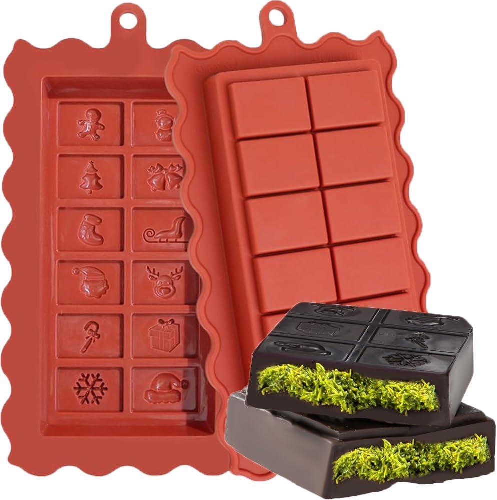 Chocolate Bar Mold Silicone 1 Inch 2 Pcs Christmas Deep Dubai Chocolate Bar Molds with 20 Pcs Bags, Thick Bar Mould for Filling Knafeh Pistachio for Christmas Dinner