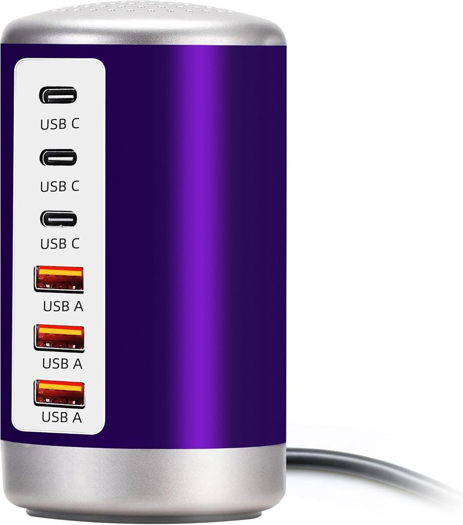 USB Charger, 60W USB Charging Station with 6-Port(3 USB-A Port & 3 USB-C Port) Compatible with iPhone 15/14/13/13pro Max 12/12 Mini/12Pro/12 Pro Max/11,Tablets, Smartphones Purple (Purple&White-USB-C&USB-A)