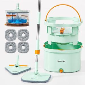 Spin Mop and Bucket Set, Detachable Inner Bucket with Separate Dirty Water System, Deep-Cleaning Mops for Floor/Wall Cleaning with Triangular Head & 4 Microfiber Pads Spin Mop and Bucket Set, Detachable Inner Bucket with Separate Dirty Water System, Deep-Cleaning Mops for Floor/Wall Cleaning with Triangular Head & 4 Microfiber Pads