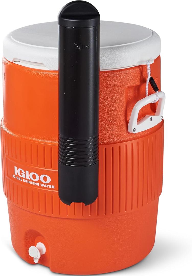Igloo 10 Gallon Portable Sports Cooler Water Beverage Dispenser with Flat Seat Lid, Insulated Beverage Dispenser, Orange/ White