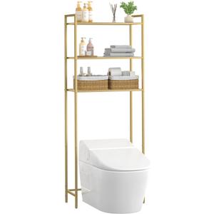 Homhedy Over The Toilet Storage, Metal 3-Tier Over-The-Toilet Bathroom Organizer Rack, Tempered Glass Shelves, Space-Saving, for Bathroom, Restroom, Laundry, Modern Style, Golden